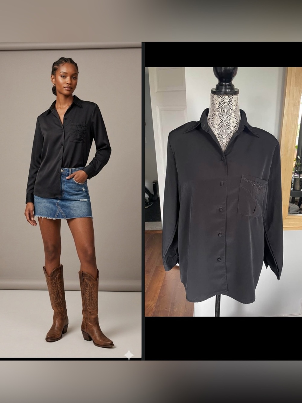 Vintage Western Style Black Button-Down Long Sleeve Button Down Shirt. Large